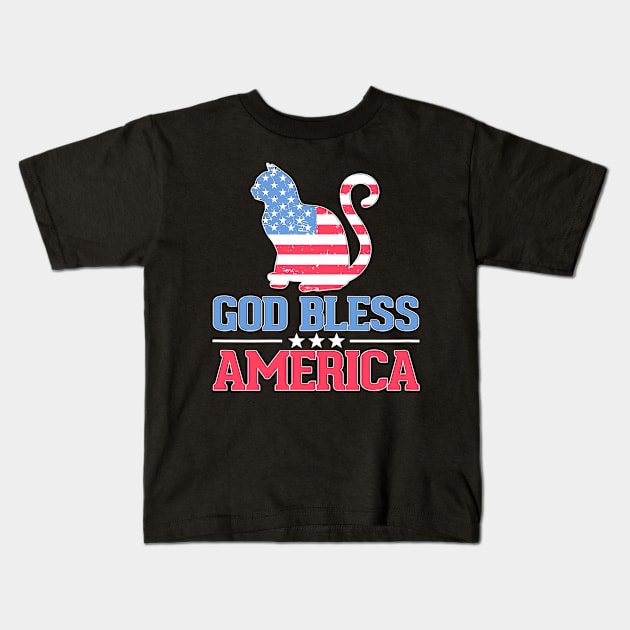 4th Of July God Bless America Cat American Flag Kids T-Shirt by Jannysingle